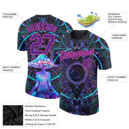 Personalized 3D Magic Mushrooms T-Shirt, Black Purple-Pink Psychedelic Design Over Sacred Geometry Personalized Black Purple-Pink