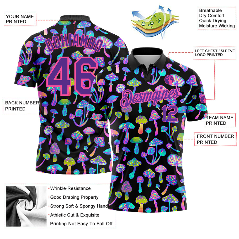 Personalized Black Purple-Pink 3D Magic Mushrooms Psychedelic Hallucination Performance Golf Polo Shirt Personalized Psychedelic 3D Magic Mushrooms Black Purple-Pink Golf Polo Shirt Personalized Black Purple-Pink 3D Magic Mushrooms - Image 3