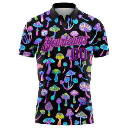Personalized Psychedelic 3D Magic Mushrooms Black Purple-Pink Golf Polo Shirt Personalized Black Purple-Pink 3D Magic Mushrooms