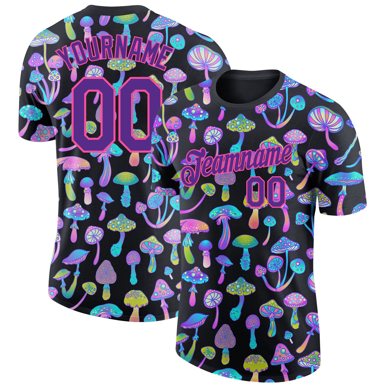 Personalized 3D Magic Mushrooms Psychedelic T-Shirt - Black Purple Pink Hallucination Performance Tee Personalized Black
