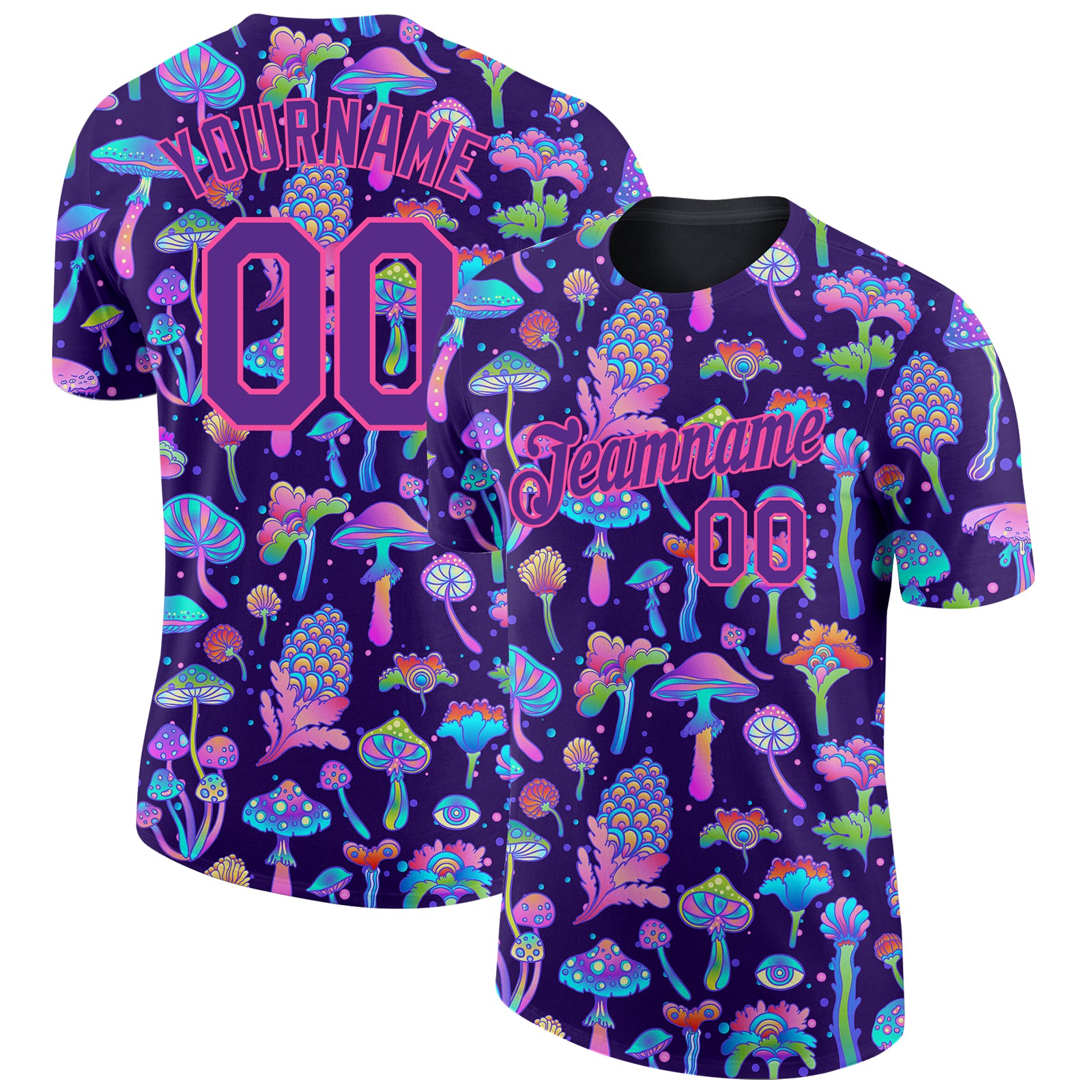 Custom Personalized Psychedelic Hallucination T-Shirt with Colorful Flowers and Mushrooms, Black Purple-Pink 3D Design, Custom Name & Number