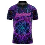 Custom Name & Number Psychedelic Magic Mushrooms Golf Polo Shirt in Black, Purple, Pink 3D Pattern Over Sacred Geometry Personalized