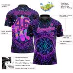 Custom Name & Number Psychedelic Magic Mushrooms Golf Polo Shirt in Black, Purple, Pink 3D Pattern Over Sacred Geometry Personalized