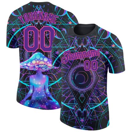 Custom Magic Mushrooms Psychedelic T-Shirt with Personalized Team Name & Number - Black Purple-Pink 3D Design Personalized