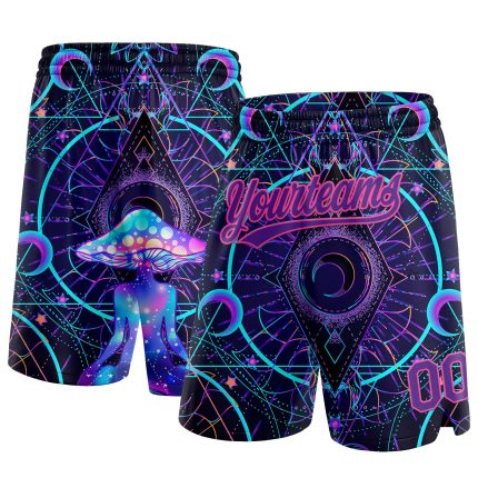 Custom 3D Pattern Magic Mushrooms Basketball Shorts with Sacred Geometry, Personalized in Black Purple-Pink - Team Name & Number