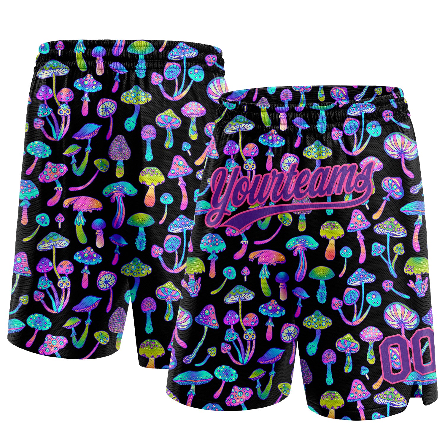 Custom Name Number Basketball Shorts - Personalized Psychedelic 3D Black Purple-Pink Magic Mushrooms Design Personalized