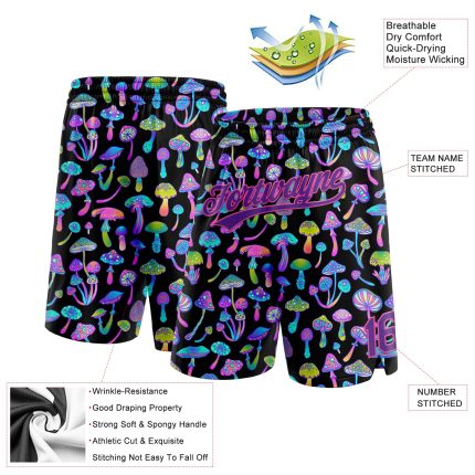 Custom Name Number Basketball Shorts - Personalized Psychedelic 3D Black Purple-Pink Magic Mushrooms Design Personalized