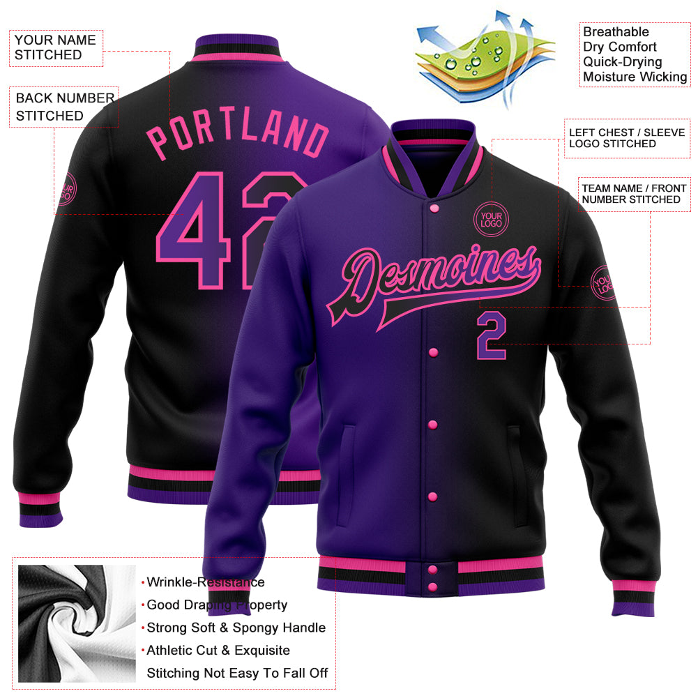 Personalized Black Purple-Pink Bomber Full-Snap Varsity Letterman Gradient Fashion Jacket Custom Gradient Fashion Jacket Black Purple Pink Full-Snap Varsity Bomber Letterman Personalized Black Purple-Pink Bomber - Image 5