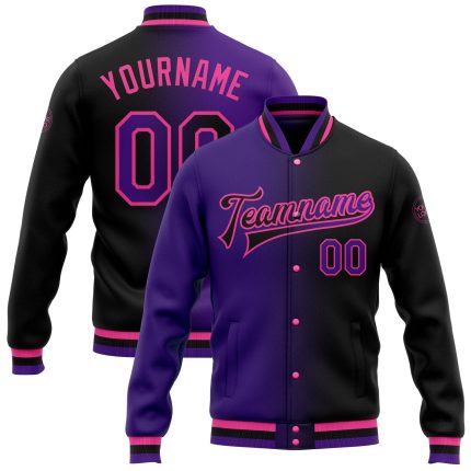 Custom Gradient Fashion Jacket Black Purple Pink Full-Snap Varsity Bomber Letterman Personalized Black Purple-Pink Bomber