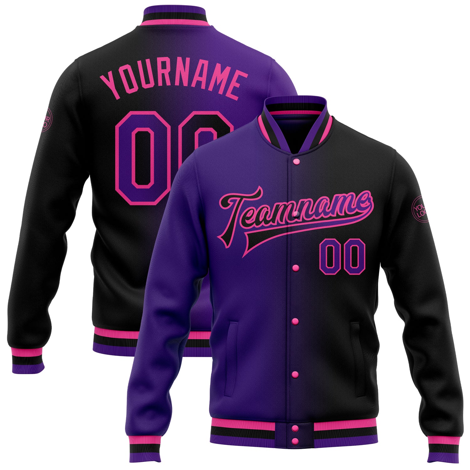 Custom Gradient Bomber Jacket with Personalized Name and Number - Black Purple Pink Full-Snap Varsity Letterman Fashion Personalized