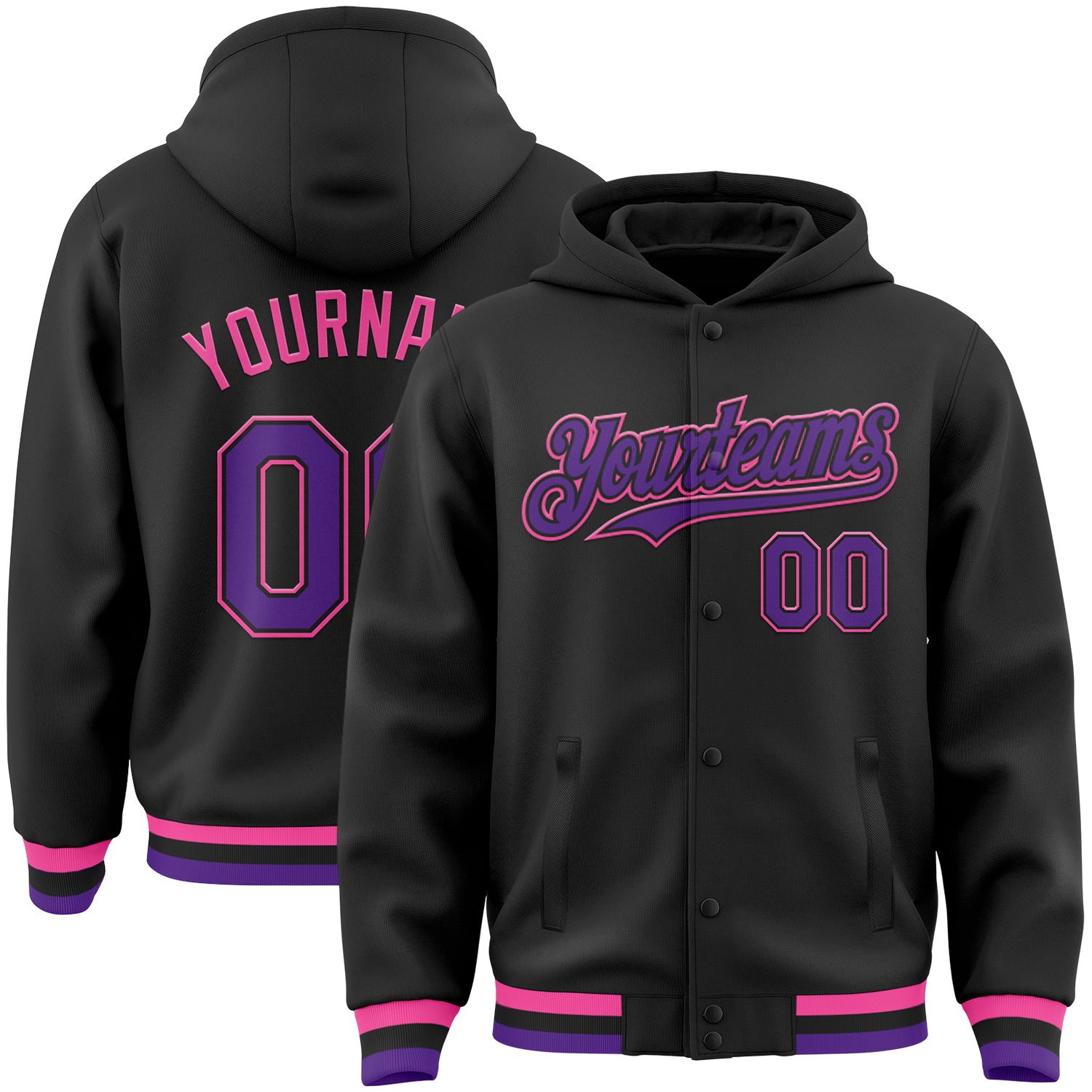 Custom Name Number Varsity Letterman Hoodie Jacket Black Purple Pink Bomber - Personalized Full-Snap Design Personalized