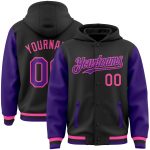 Custom Name Number Two Tone Bomber Hoodie Jacket Black Purple Pink Varsity Letterman Full-Snap Personalized Personalized