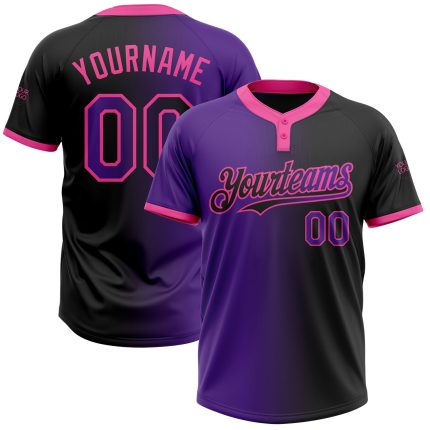 Custom Name and Number Unisex Softball Jersey in Black Purple Pink Gradient Fashion - Two-Button Design Personalized Black