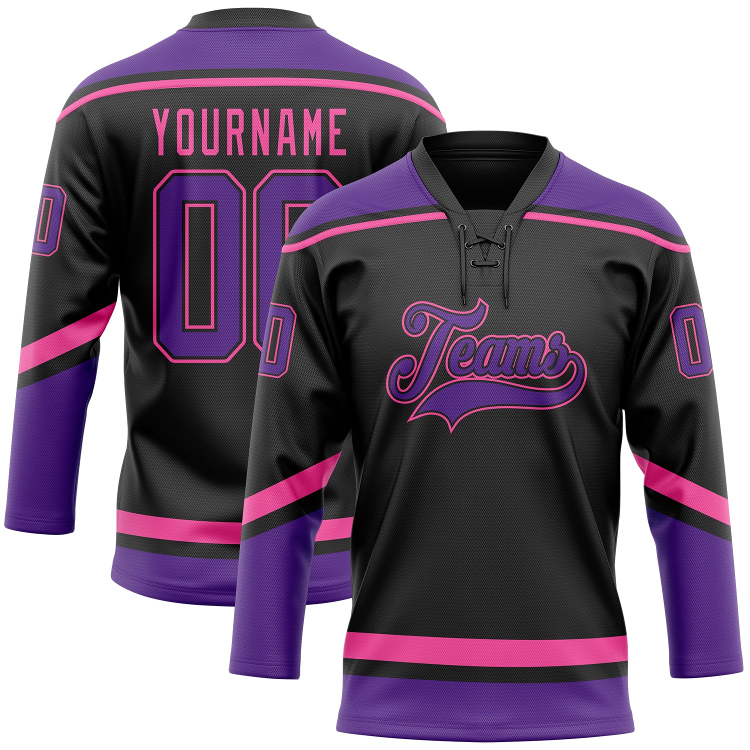Custom Name and Number Jersey for Hockey, Personalized Black Purple-Pink Lace Neck Team Apparel Personalized Black Purple-Pink