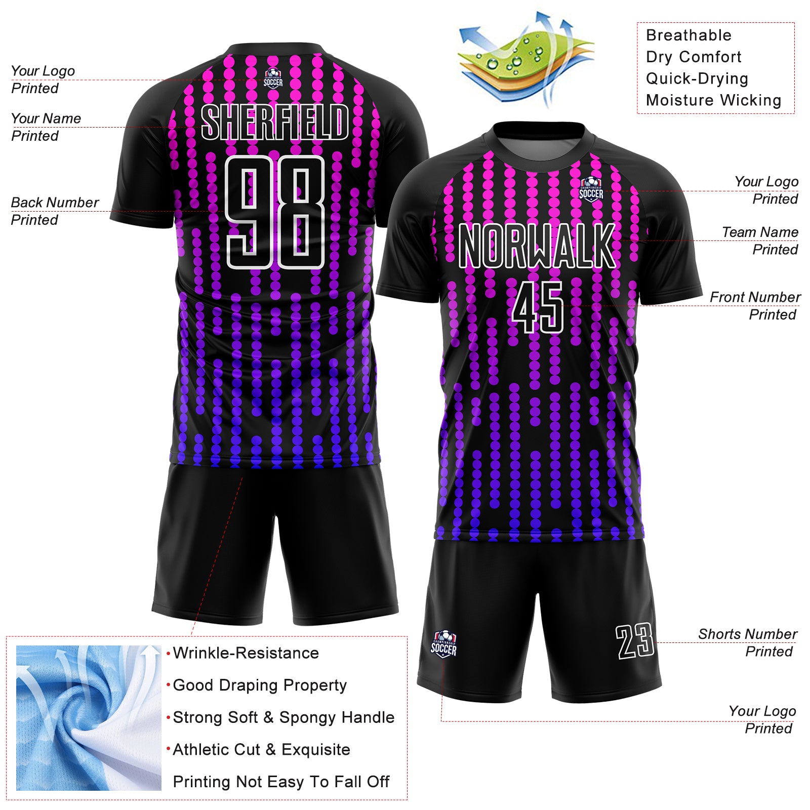 Personalized Black Purple-Pink Lines Sublimation Soccer Uniform Jersey 2 Personalized Sublimation Soccer Uniform Jersey - Black Purple Pink Lines Design Personalized Black Purple-Pink Lines Sublimation - Image 4