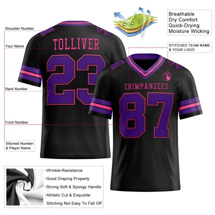 Custom Black and Purple-Pink Mesh Football Jersey with Personalized Name and Number Personalized Black Purple-Pink Mesh Authentic