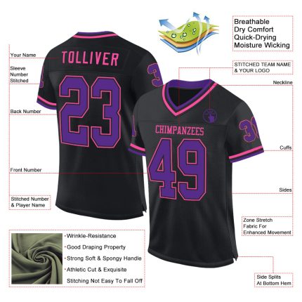 Personalized Throwback Football Jersey - Black Purple-Pink Mesh Design Personalized Black Purple-Pink Mesh Throwback Football