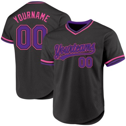 Personalized Baseball Jersey in Black and Purple-Pink, Retro Style Personalized Black Purple-Pink Throwback Baseball Jersey