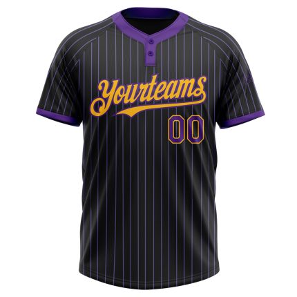 Personalized Unisex Softball Jersey - Black Purple Pinstripe Gold Two-Button Design Personalized Black Purple Pinstripe Gold