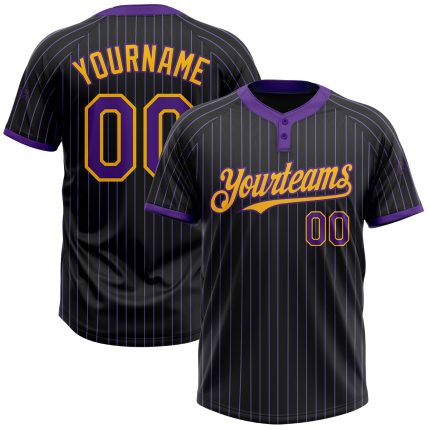Custom Name and Number Unisex Softball Jersey - Personalized Black Purple Pinstripe Two-Button Design Personalized Black
