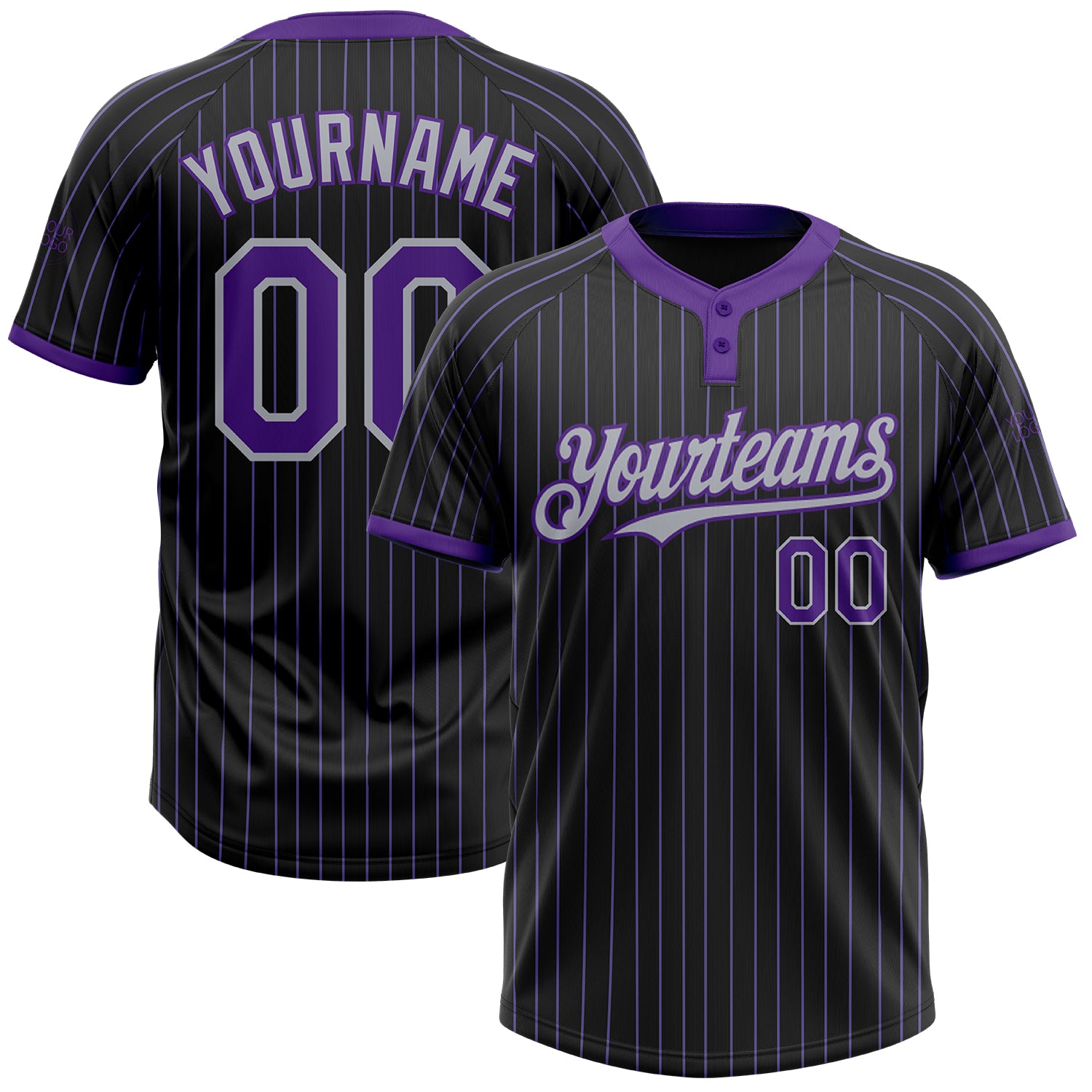 Personalized Black Purple Pinstripe Two-Button Unisex Softball Jersey for Men and Women Personalized Black Purple Pinstripe