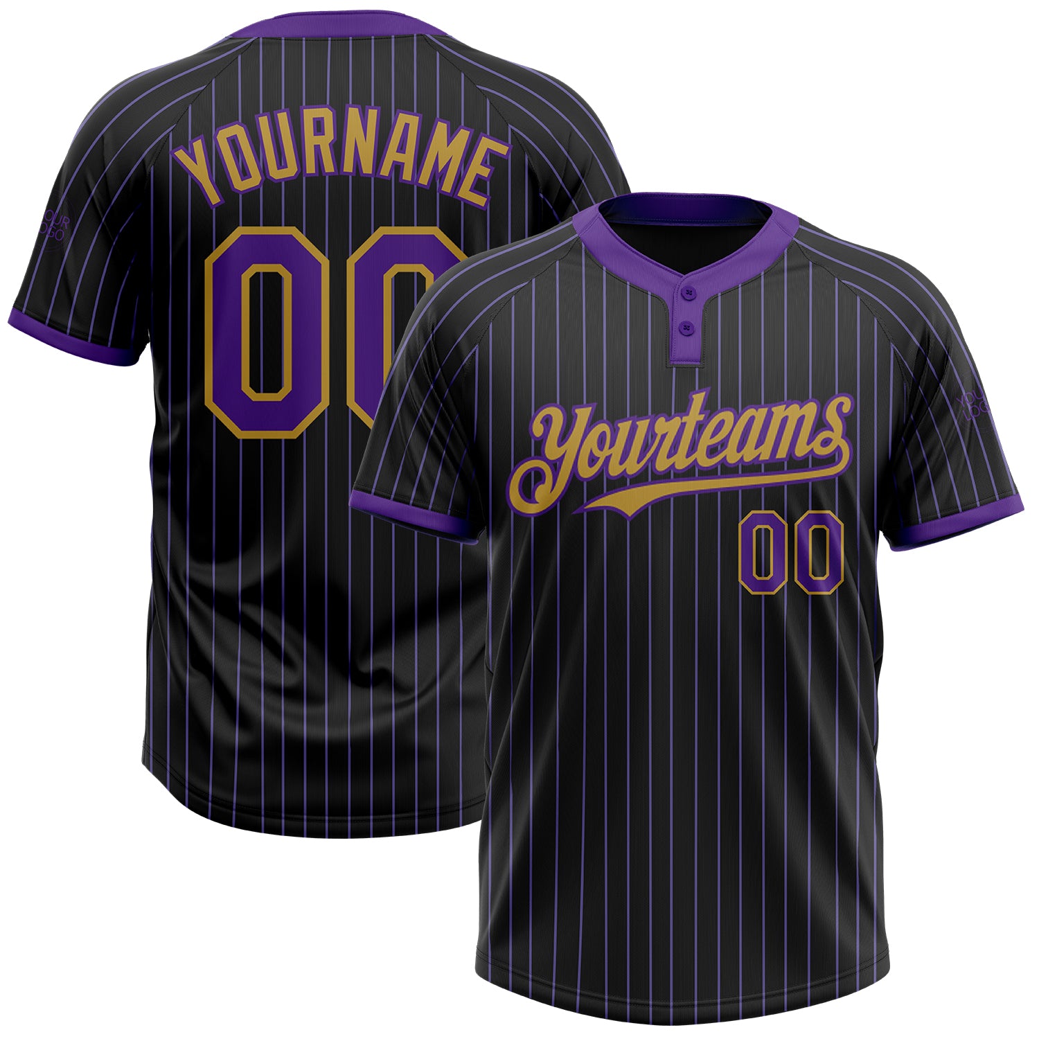 Custom Name Number Unisex Softball Jersey Black Purple Old Gold Two-Button Pinstripe Design Personalized Black Purple Pinstripe