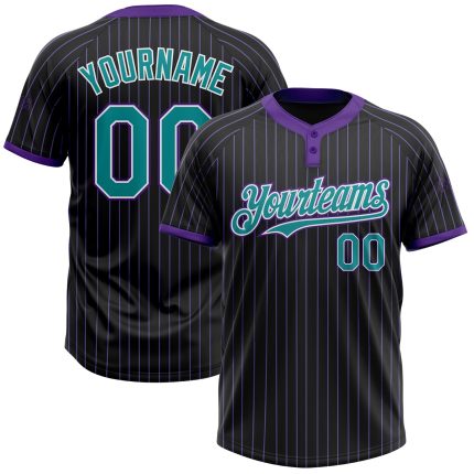 Personalized Unisex Softball Jersey Black Purple Teal-White Two-Button Design Personalized Black Purple Pinstripe Teal-White