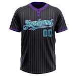 Personalized Unisex Softball Jersey Black Purple Teal-White Two-Button Design Personalized Black Purple Pinstripe Teal-White