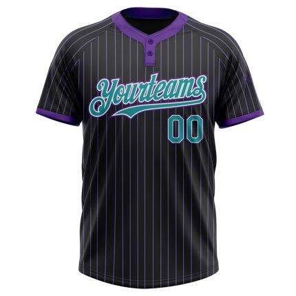 Personalized Unisex Softball Jersey Black Purple Teal-White Two-Button Design Personalized Black Purple Pinstripe Teal-White