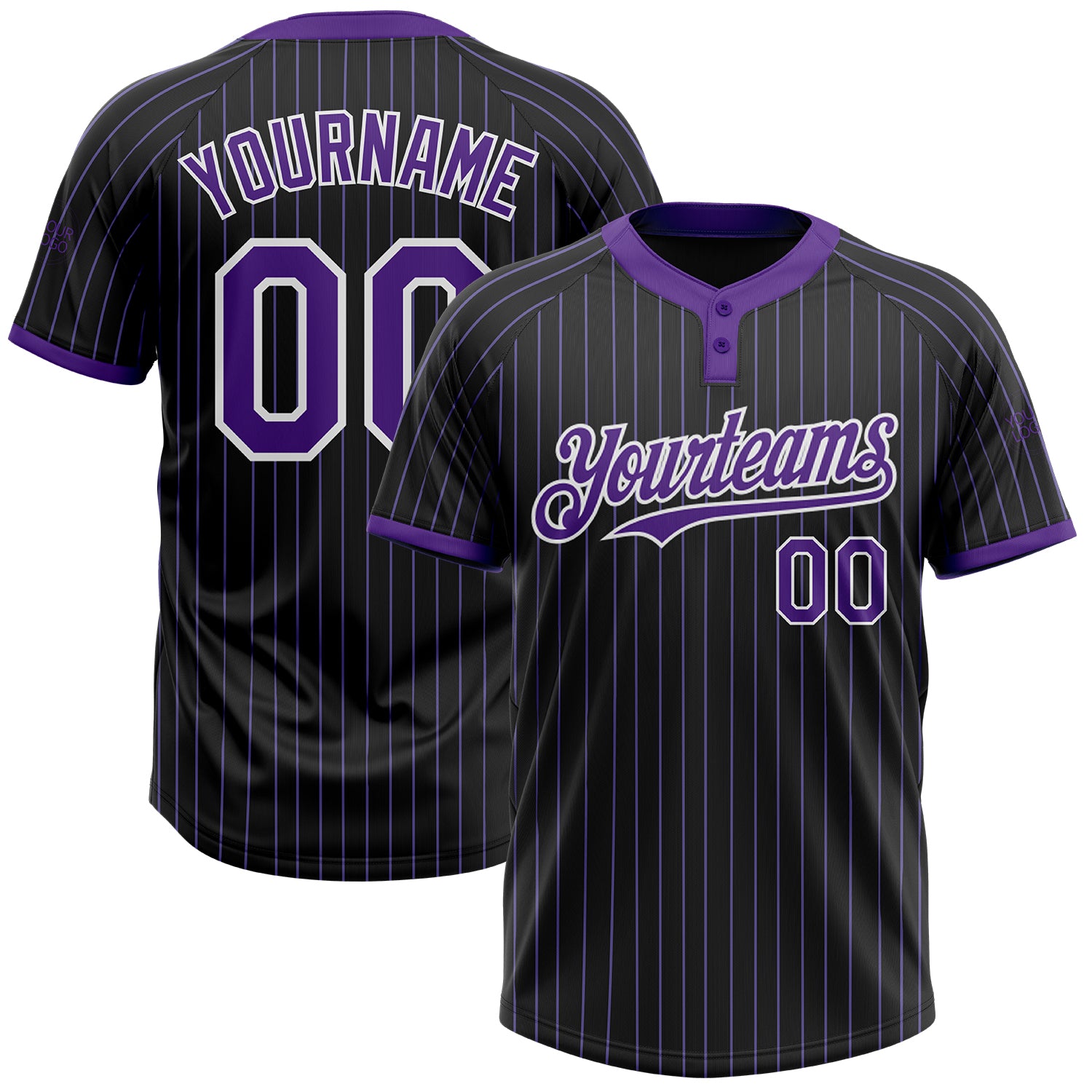Personalized Black Purple Pinstripe Softball Jersey Two-Button Unisex Design Personalized Black Purple Pinstripe White Two-Button