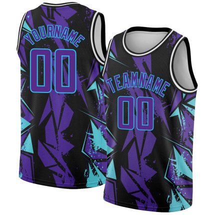 Custom Name and Number Basketball Jersey - 3D Geometric Shapes in Black and Purple-Sky Blue, Authentic Team Apparel Personalized