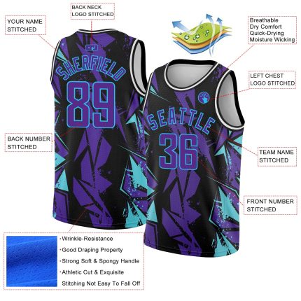 Custom Basketball Jersey with Personalized Name and Number, 3D Geometric Shapes in Black and Purple-Sky Blue Design Personalized