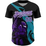 Custom Name and Number Baseball Jersey - Personalized 3D Pattern Knight Hero Art in Black Purple Teal Design Personalized