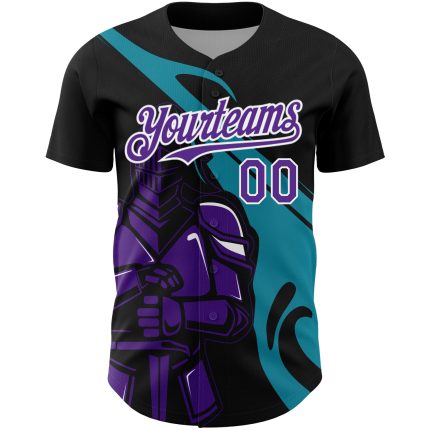 Custom Name and Number Baseball Jersey - Personalized 3D Pattern Knight Hero Art in Black Purple Teal Design Personalized