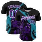 Custom Name and Number Baseball Jersey - Personalized 3D Pattern Knight Hero Art in Black Purple Teal Design Personalized