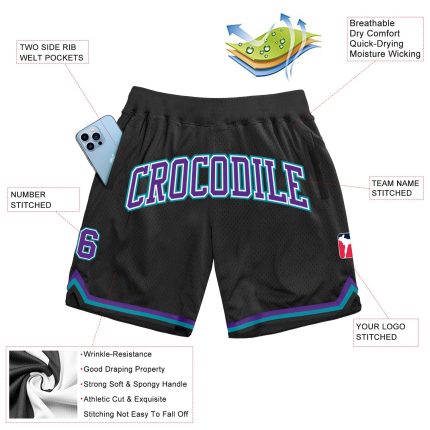 Custom Name Number Personalized Basketball Shorts Black Purple Teal Authentic Throwback Personalized Black Purple-Teal Authentic
