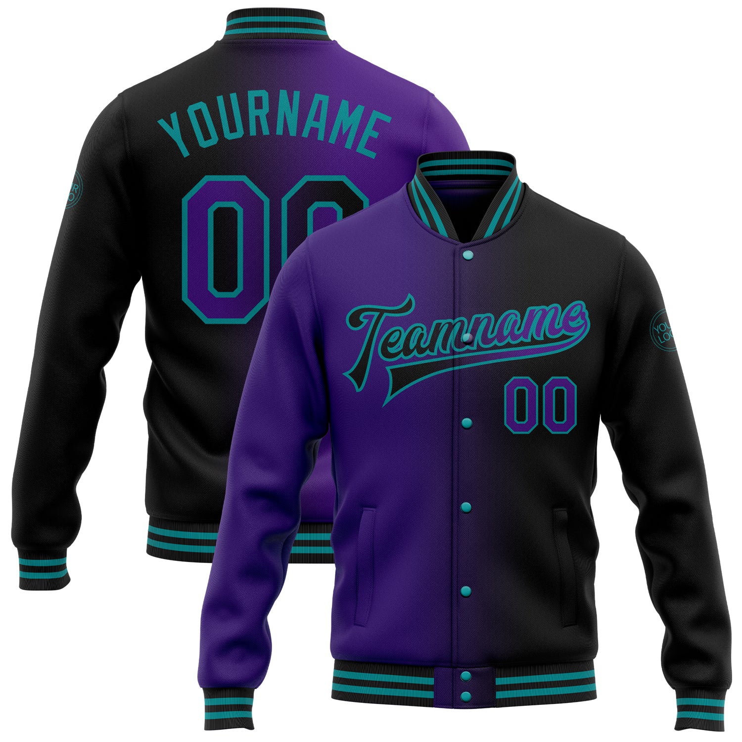Personalized Gradient Bomber Jacket in Black Purple Teal - Full-Snap Varsity Letterman Fashion Jacket Personalized Black