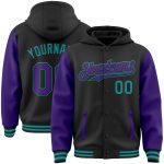 Custom Name Number Two Tone Bomber Hoodie Jacket Black Purple Teal Full-Snap Varsity Letterman Personalized Personalized