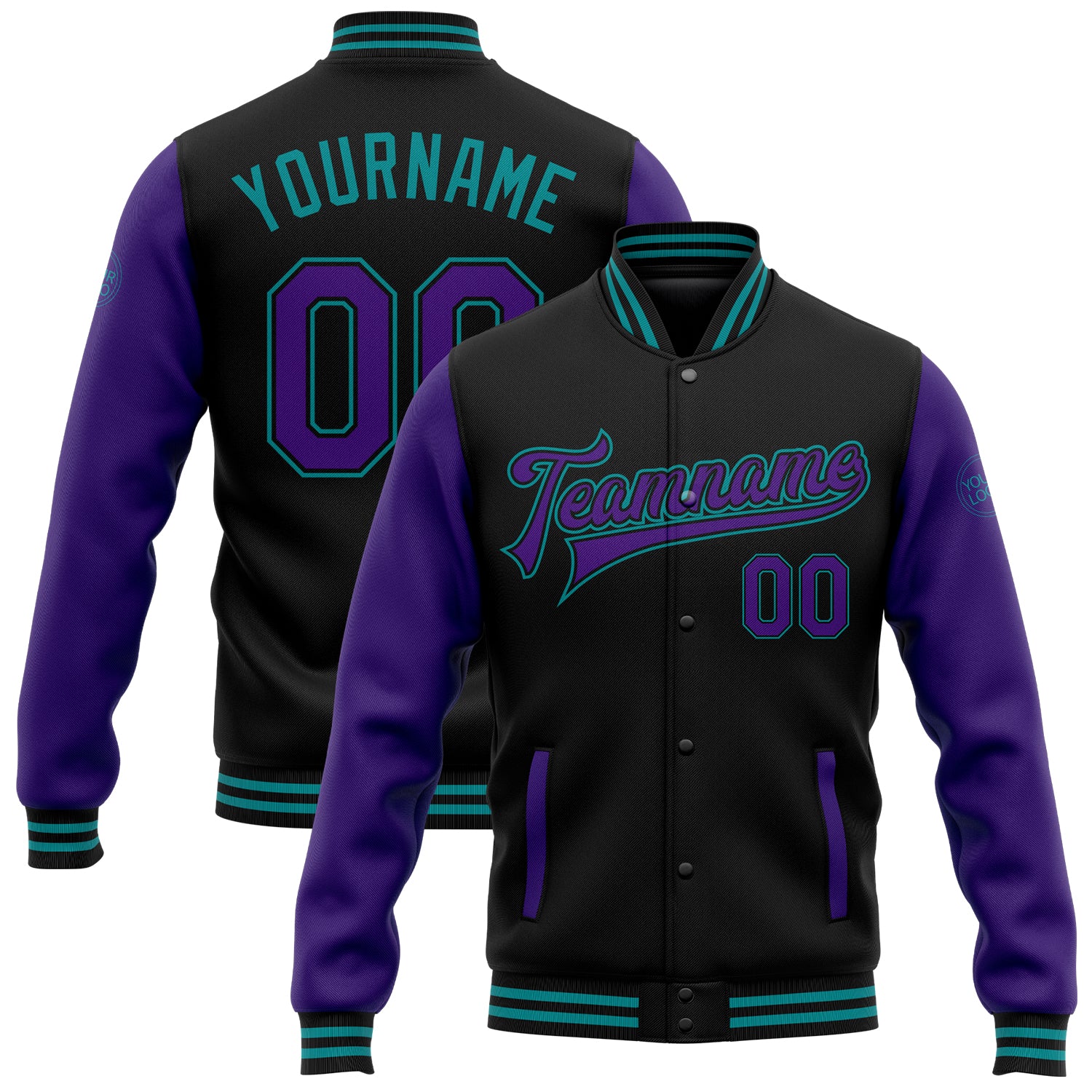 Personalized Two Tone Bomber Jacket Black Purple Teal Full-Snap Varsity Letterman Personalized Black Purple-Teal Bomber Full-Snap