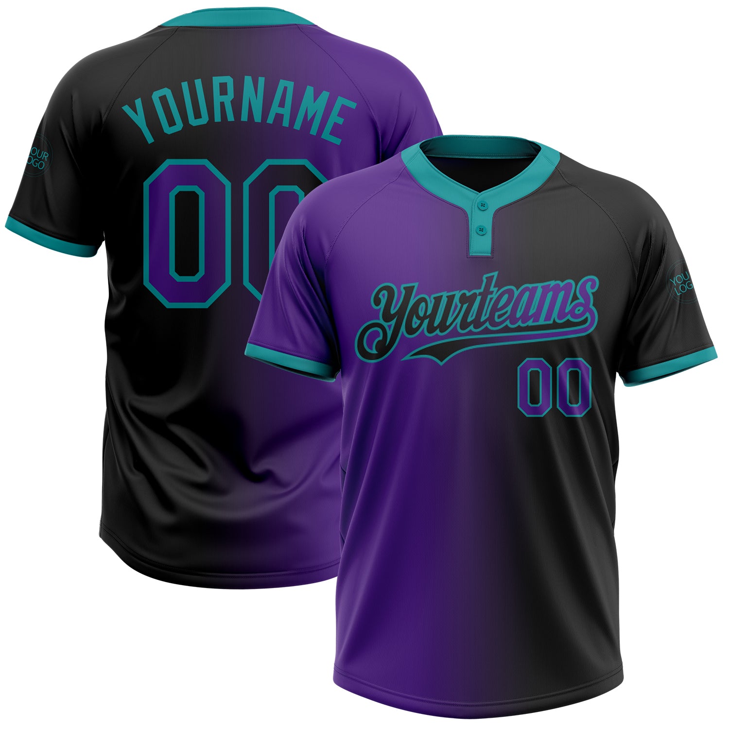 Custom Name and Number Unisex Softball Jersey - Personalized Black Purple Teal Gradient Fashion Two-Button Personalized Black