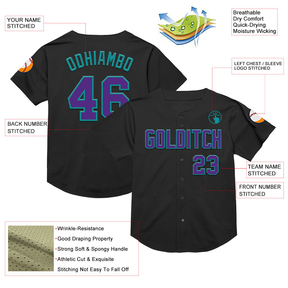 Personalized Black Purple-Teal Mesh Authentic Throwback Baseball Jersey Team Custom Name and Number Custom Name Number Baseball Jersey - Personalized Authentic Black Purple Teal Mesh Throwback Style Personalized Black Purple-Teal - Image 3