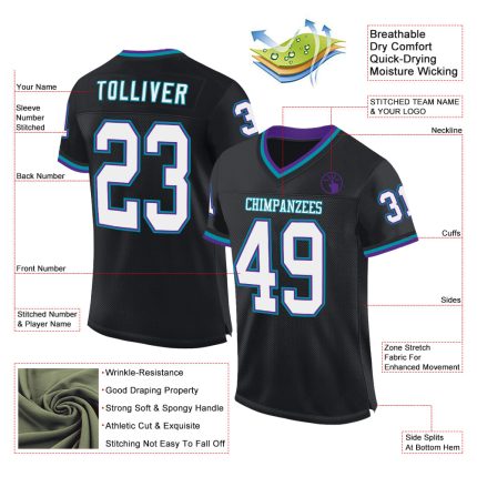 Personalized Black Purple Teal Mesh Throwback Football Jersey for Men and Women Personalized Black Purple-Teal Mesh Throwback
