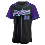 Personalized Baseball Jersey in Black Purple and Teal with Raglan Sleeves Personalized Black Purple-Teal Raglan Sleeves Baseball