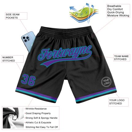Personalized Basketball Shorts in Black Purple Teal - Retro Style, Comfortable Fit, Great for Sports and Casual Wear Personalized