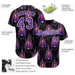 Personalized 3D Flame Baseball Jersey in Black Purple-White Design, Hotrod Style Personalized Black Purple-White 3D Bowling