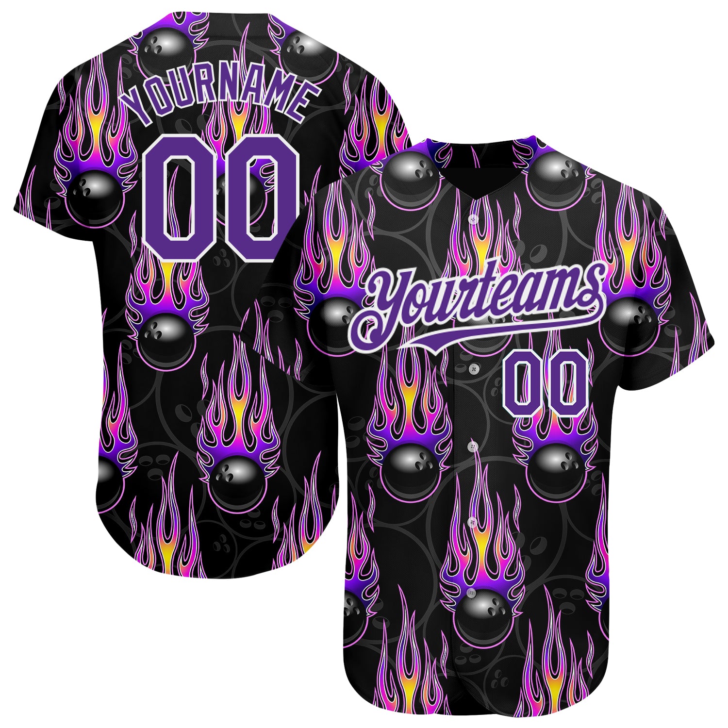 Personalized 3D Flame Baseball Jersey in Black Purple-White Design, Hotrod Style Personalized Black Purple-White 3D Bowling