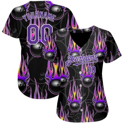 Personalized 3D Flame Baseball Jersey in Black Purple-White Design, Hotrod Style Personalized Black Purple-White 3D Bowling