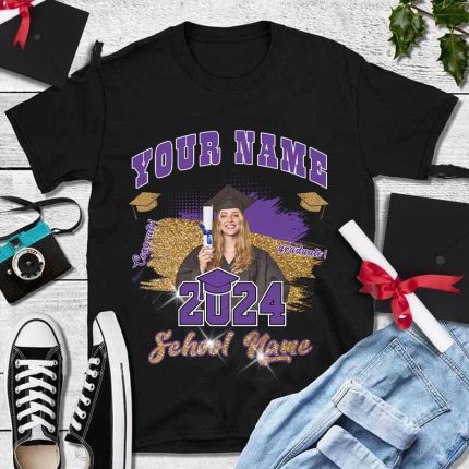 Personalized 3D Graduation T-Shirt in Black Purple-White for Students Personalized Black Purple-White 3D Graduation Performance