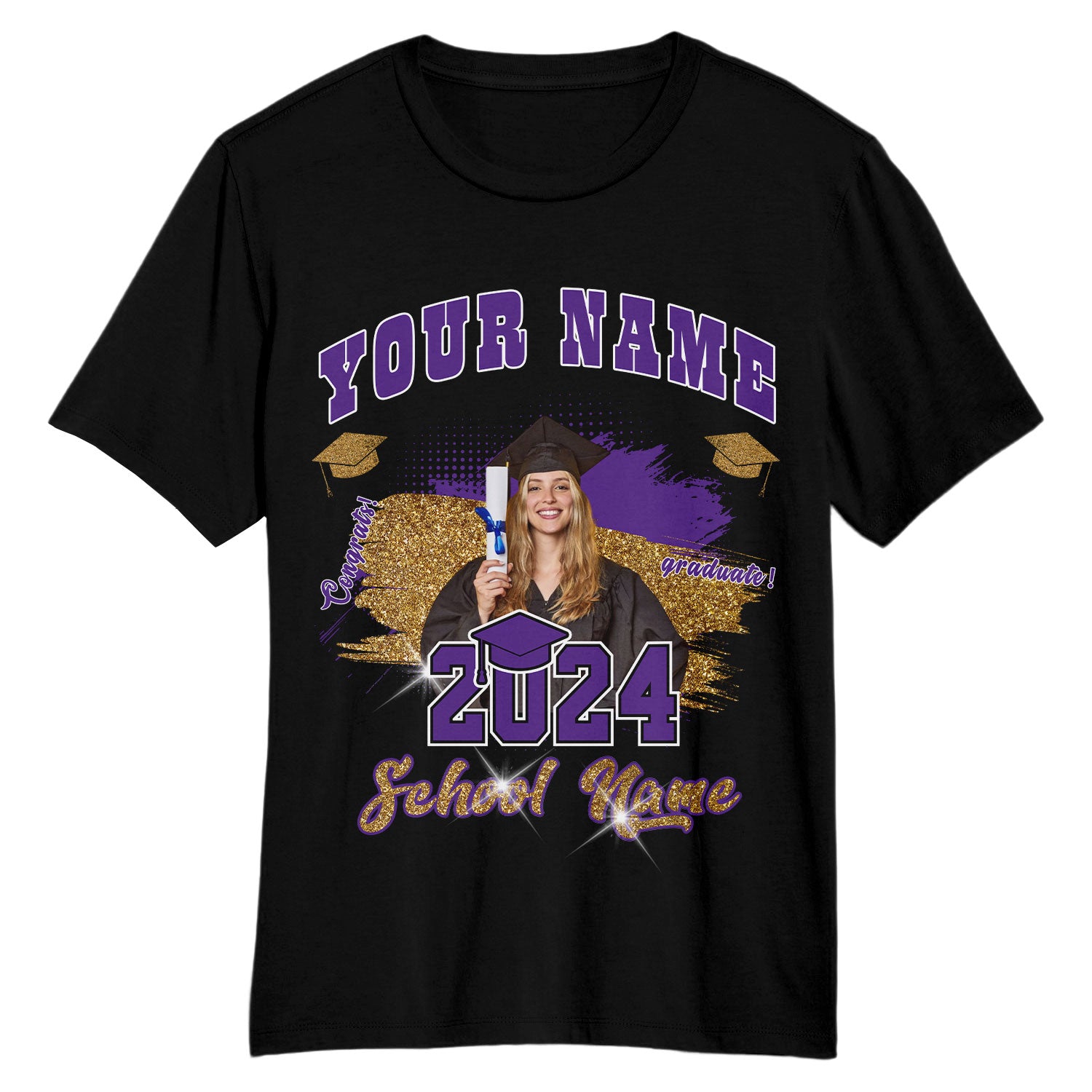 Custom Team Graduation T-Shirt with 3D Name and Number - Black Purple White Performance Tee Personalized Black Purple-White