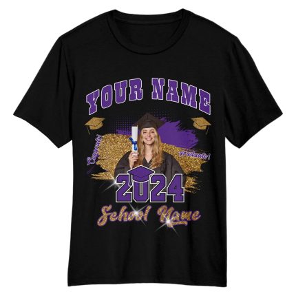 Personalized 3D Graduation T-Shirt in Black Purple-White for Students Personalized Black Purple-White 3D Graduation Performance